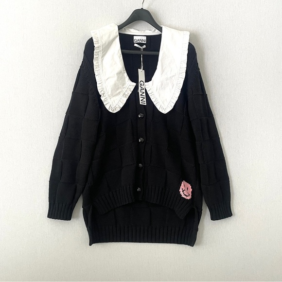 ⭐️HP⭐️ GANNI Smiley Face Oversized-Collar Basketweave Cardigan - Picture 1 of 16